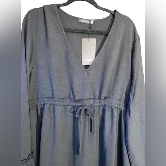 Womens V Neck Long Sleeve Dress Ruffle Tie Waist Drawstring Flowy Mini Dress 2X - Picture 3 of 8